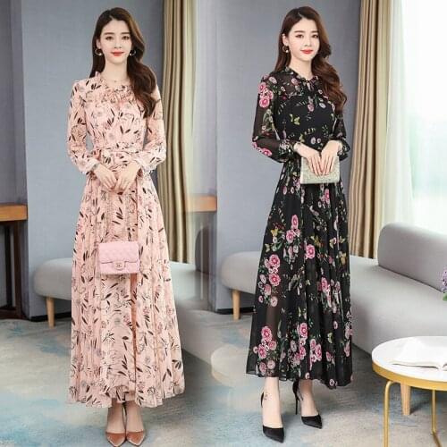 Women Dress Chiffon Floral Print Zipper Long Sleeve High Waist Slim Long A-line Big Swing Women Party Vestido Sukienki 6563