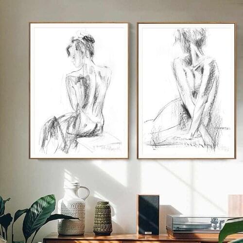 Abstract Female Art Canvas Painting Black and White Nude Sketch Woman Posters Hd Print Bedroom Decoration Wall Picture Decor