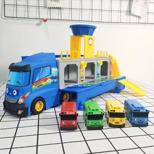 Large Cartoon tayos the little bus big container truck storage box parking lot with 3 pull back mini car toy kids birthday gift