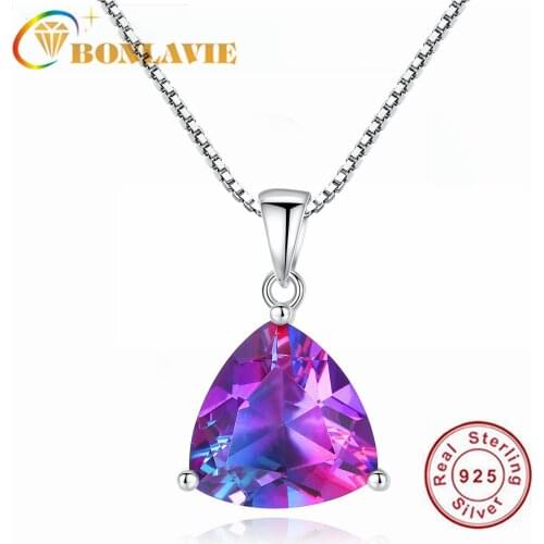 BONLAVIE 925 Sterling Silver Purple Rainbow Triangle Stone Necklace Fashion Chain Shape Jewelry Gift for Women