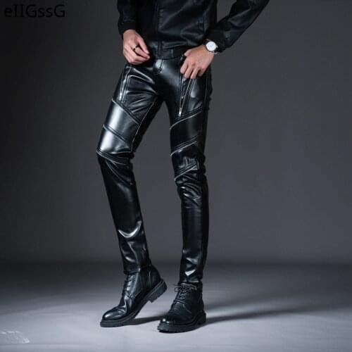 New Winter Spring Skinny Leather Pants Men Fashion Faux Leather Pants Men Stage Pants Nightclub Wear Biker Pants