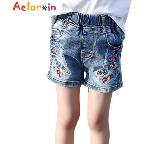 2018 Kids Hole Jeans Shorts For Girls Clothes High Waist Denim Pants Floral Embroidery Trousers 6 8 10 12 Years Summer Hot Pants