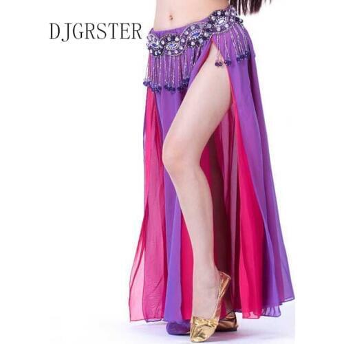 DJGRSTER Professional Belly Dance Skirt 14 Colors Sexy Long Flamenco Skirt Side Split for Women Girls Belly Dance Costume Skirts