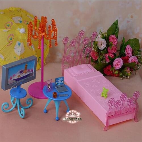 For Barbie Doll Furniture Accessories Toy Bedroom Bed TV Table Lamp Set Play Afternoon Bedroom Wardrobe Holiday Gift Girl DIY
