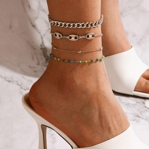 Docona 4pcs/set Bohemian Colorful Beaded Anklet Set for Women Silver Color Layered Adjustable Foot Chains Female Jewelry 18188