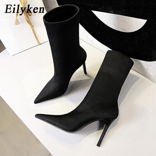 Eilyken 2021 Brand Designer Women Ankle Boots High Quality Black Slim Stretch Knitted Sock Boots Pointed Toe Shoes Stilettos