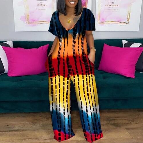 Gradient Tie Dye Print Full Length Jumpsuit Casual Short Sleeve Low Neck One Piece Romper Streetwear Female Side Pocket Outfit