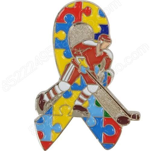 Autism Awareness Girl Hockey Jigsaw Puzzle Ribbon Lapel Pins