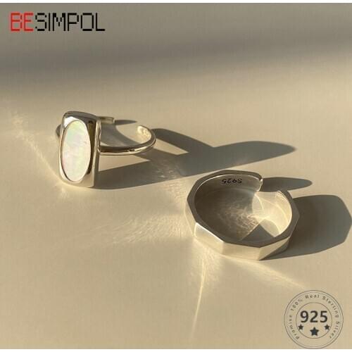 Besimpol Real 925 Sterling Silver Exquisite Shell Ring Fashion Adjustable Open Rings For Women Elegant Luxury Fine Jewelry Gifts