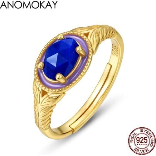 Anomokay Luxury Vintage Flower Royal Blue Topaz Gold Color Rings for Wedding Pure Sterling 925 Silver Free Size Rings Jewelry