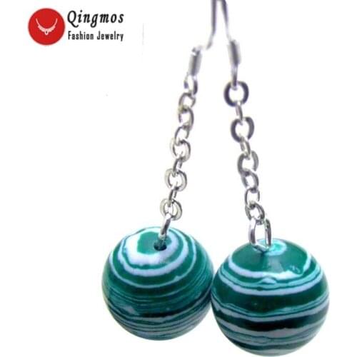 Qingmos Trendy Natural Agates Earrings for Women with 14mm Round Green Stripe Agates Hook Earrings Jewelry Ear337 Free Shipping