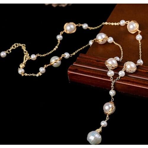 2020 New Long Chain Pendant Necklace For Women White Natural Freshwater Baroque Pearl Exquisite Jewelry Gift Party Accessories