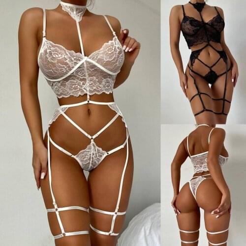 New Sexy Women Lingerie 3PC Lace Underwear Female Pajamas Set Sleepwear G-string Pijama Bra Garter Thong Lenceria Sensual Mujer