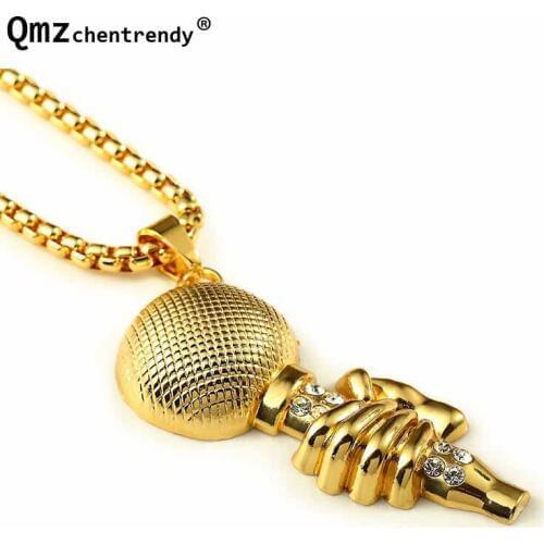 New Gold High Quality Hip hop DJ microphone pendant Necklace with Rhinestone Men snake chain 80 cm