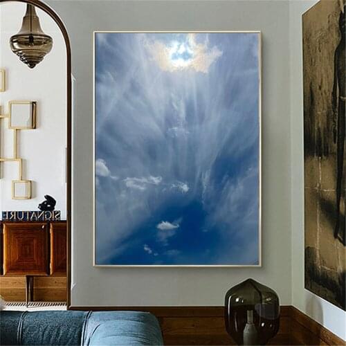 Original 100%hand-painted oil painting abstract golden sun blue sky white clouds canvas painting living room decoration wall art