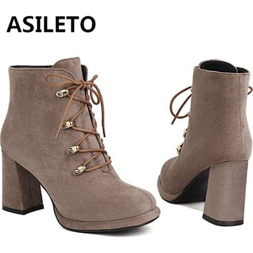 ASILETO 2021 Autumn Winter Classic Suede Square Block Heel Ankle Boots Platform Round Toe Strap Up Small Big Size 33-43 S2481