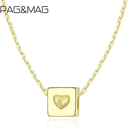 PAG&MAG Real Sterling Silver 925 Necklace Square Engrave Heart Pednant Necklace 18k Plated Promise Necklace Jewelry Gift SN0317
