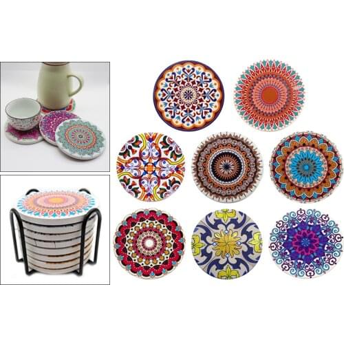 6/8pcs Ceramic Cork Base Round Coasters Kitchen Drinks + Holder Dining Table