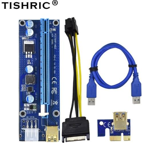 TISHRIC VER009S PCI Express PCIE PCI-E Riser Card Molex 6Pin to SATA 1X 16X USB3.0 Adapter 6Pin Power for Bitcoin Miner Mining