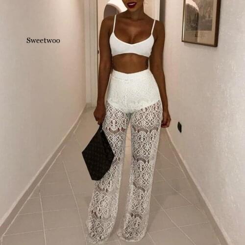 Sexy Lace High Waist Loose Pants Women Fashion Hollow Out Lace Crochet Long Women Trousers Black Beach Casual Women Pants