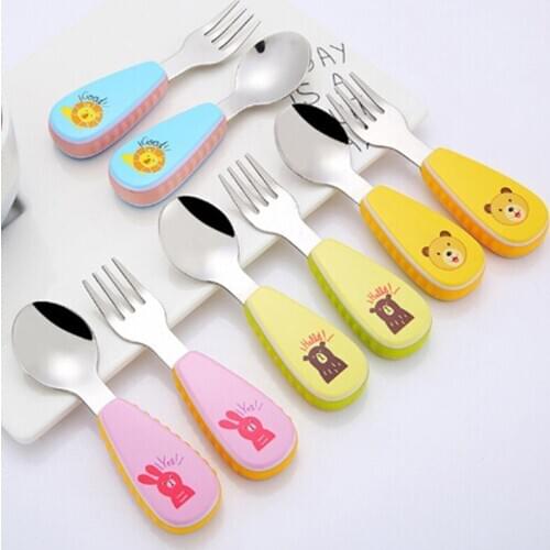 Stainless Steel Toddler Infant Tableware Flatware Kids Cutlery with Ant-Dust Box Baby Feeding Spoon Fork Set