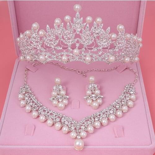 Bride Crystal Pearl Costume Jewelery Sets Rhinestone Crowns Choker Necklace Earrings Tiaras Bridal Women Wedding Jewelry Set