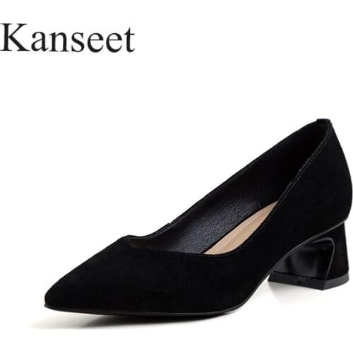 Kanseet Female Shoes Genuine Leather Concise Pointed Toe Pumps Thick Heels Shoes 2021 Black Office Lady Shallow Footwear