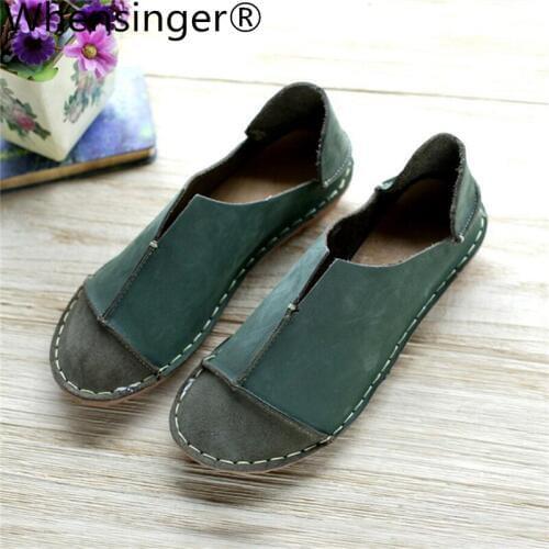 Whensinger - 2019 Woman Shoes Female Genuine Leather Loafers Stitched Slip-On Solid Round Toe Characteristic Fashion 988