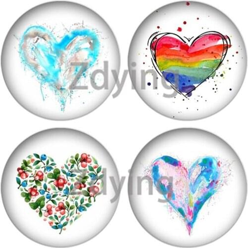Zdying 10pcs Colorful Love Hearts Pattern Round Glass Cabochon Art Picture Dome DIY Pendant Earrings Brooch Jewelry Findings