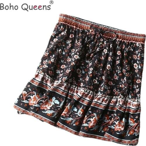 Boho Queens Hippie women floral printed beach Bohemian short skirt ladies rayon cotton elestic waist mini boho skirts