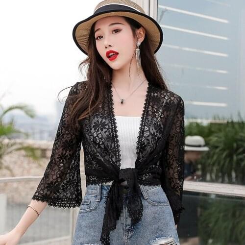 Women Thin Basic Coat Summer Style Women Perspective Shawl Fashion Hollow Out Lace Boleros Half Sleeve Coats Jackets Female