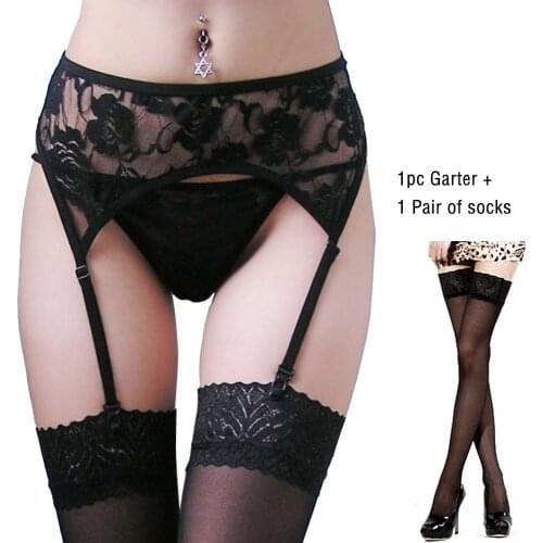 Ladies Sexy Lace Floral Print Garter Belt G-String Lingerie Underwear Thigh-Highs Stockings Intimates Garters