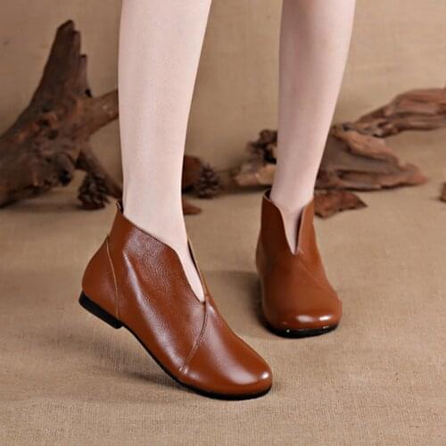 Winter Spring Vintage Genuine Leather Flat Ankle Boots for Women Slip on Boots Soft Comfortable Cow Leather Botas 2020