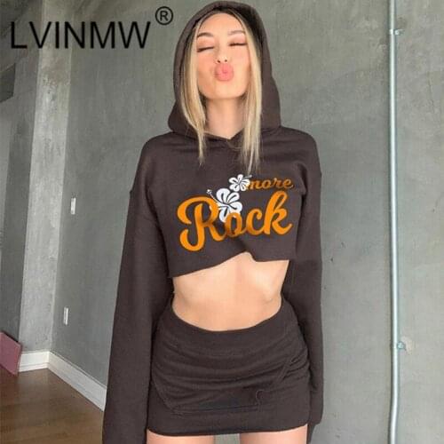 LVINMW Dress Sets Sexy Fashion Slim Autumn Suits Letter Printed Floral Hooded Long Sleeve Navel Pullover Elastic Waist Skirts