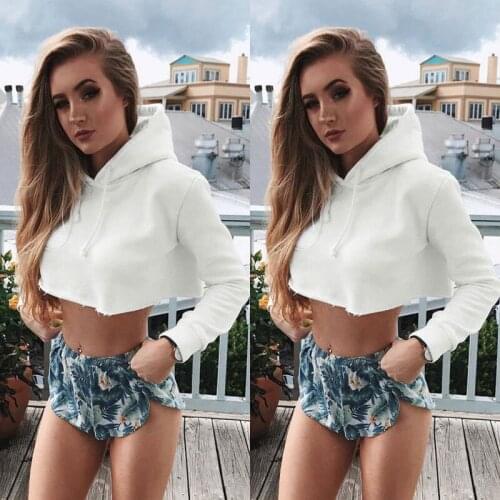 New 2020 Sexy Fashion Women White Crop Top Hooded Sweatshirt Hoodies Long Sleeve Coat Pullover Hoodies