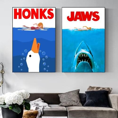 People On The Sea Being Stared By Sharks And Ducks HONKS JAWS Creative Illustration Decor Accesories for Home HD Canvas Painting