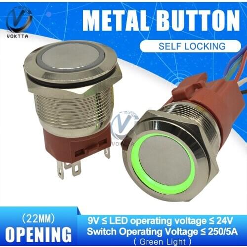 22mm Metal Button Switch 250V 5A Circular Push Waterproof Button LED Light Switch Self-lock Interruptor with Wire