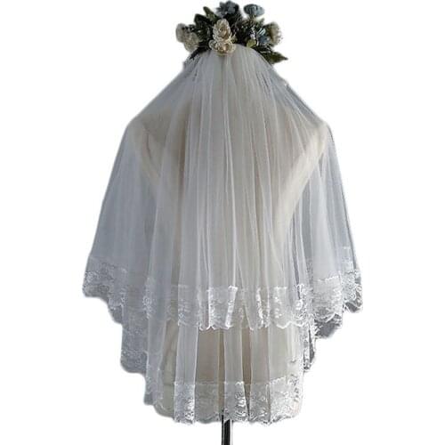 White/ivory Two Layers Short Veil Applique Lace Soft Tulle wedding veil bridal veils with comb Wedding Accessories