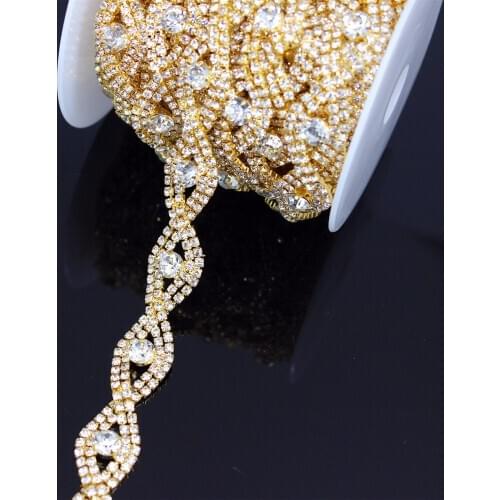 Free ship 5yard/lot Iron on Gold rhinestone Trim Mesh cyrstal Banding bridal applique for wedding dress decoration strass chain