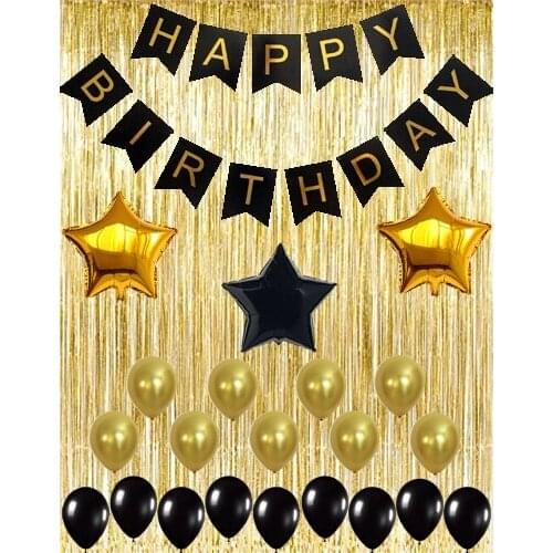 Black and Gold Decoration Kit, Gold Metallic Foil Fringe Shiny Curtains, Happy Birthday Banner with Latex Star Foil Balloons Kit