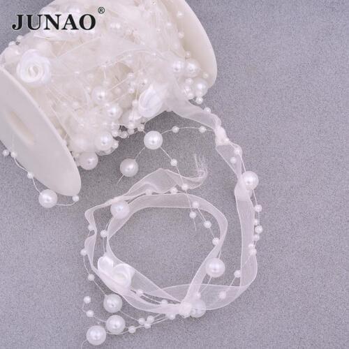 JUNAO 5 Meter White Pearl Rhinestones Chain Trim Rose Flower Pearl Applique Strass Tape Banding For Wedding Decoration