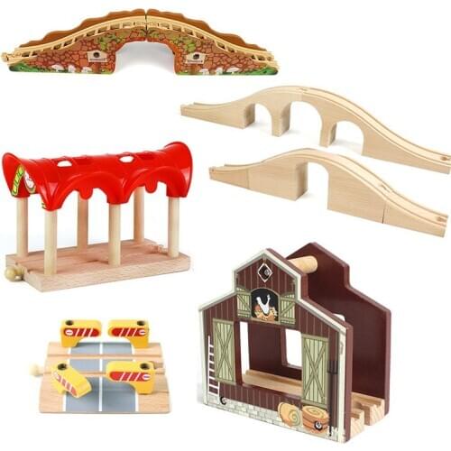 Wooden Train Track Accessories Building Blocks Toys For Kids Cross Bridge Compatible all Wood Track Biro Educational Toy