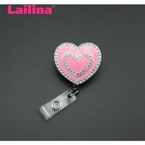 10pcs Hot Sale Enamel Rhinestone Pink Heart Decorative Stretchable ID Badge Holder Crystal School Student ID Card Badge Holder