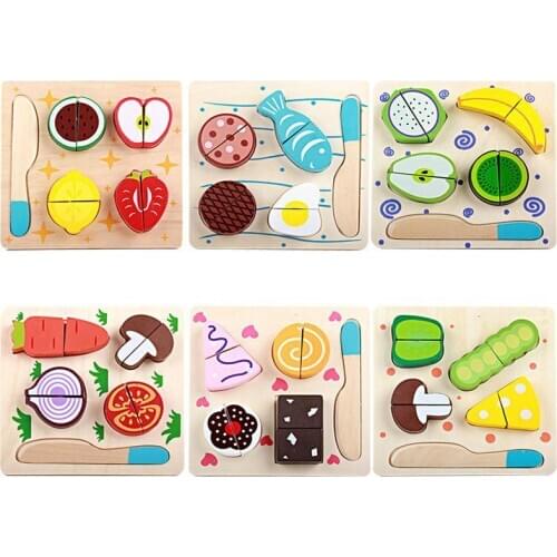 Childrens Kitchen Miniature Food Simulation 3D DIY Cut Fruits Vegetables Cake Pretend Wooden Toys Kitchen Set For Kids Girls