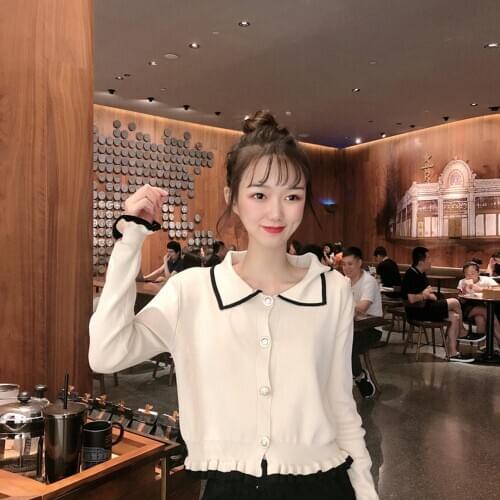 Women Turn Down Collar Long Sleeve Knitted Blouse Buttons Ruffle Hem Cardigan