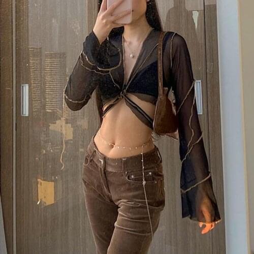 E-girl Black Mesh Crop Tops Gothic Y2K Aesthetic Bandage V-Neck Flare Sleeve Patchwork T-shirts Sexy Women Streetwear Outfits