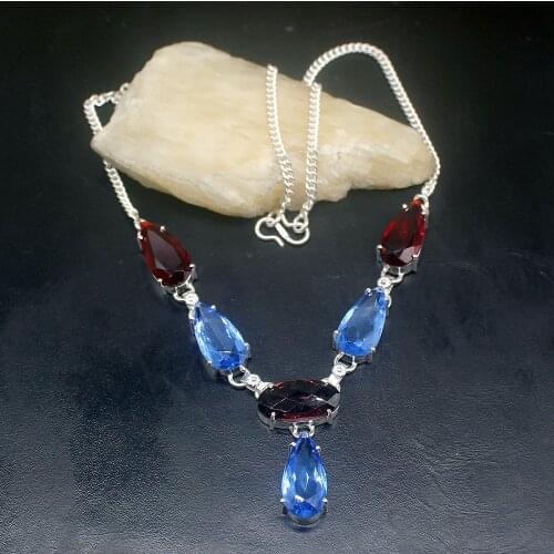 Gemstonefactory Jewelry Big Promotion Unique 925 Silver Blue Topaz Garnet Amethyst Women Chain Necklace 44cm 202101551