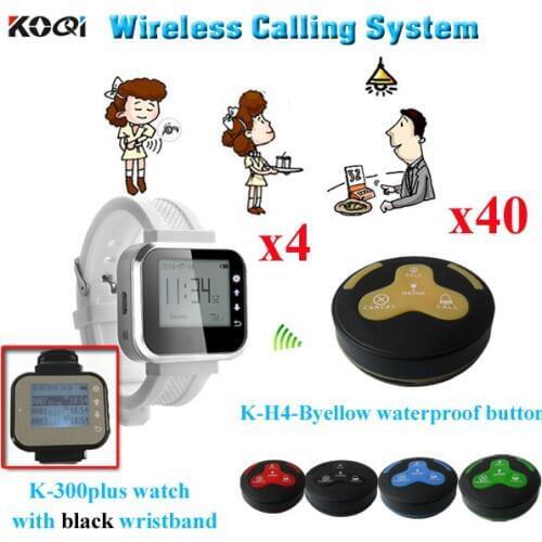Guest Wireless Paging System Watch Pager With Call Button For Bowling Alley ( 4 watch receiver + 40 waterproof table bell)