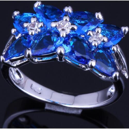 Prominent Blue Cubic Zirconia White CZ Silver Plated Ring V0085