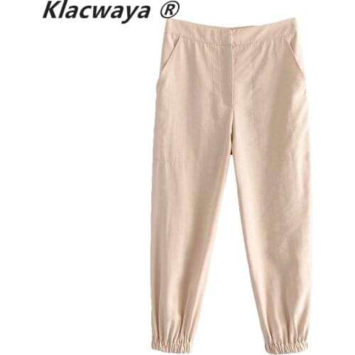 Klacwaya Za Women 2021 Fashion Solid Color Side Pockets Jogging Pants Vintage Female Slim-Fit Jogging Pants Trousers